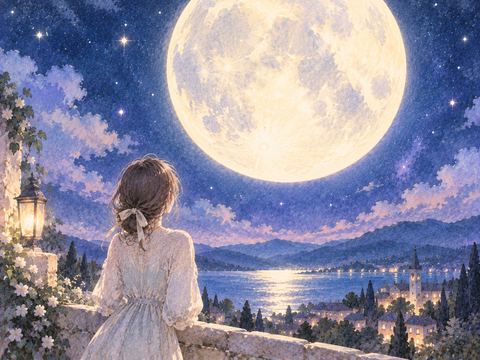 大きな月を静かに見上げる女性の後ろ姿