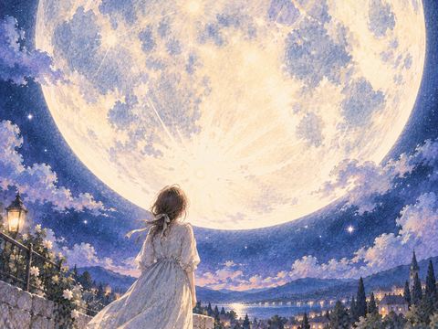 空を覆う巨大な満月を見上げる人物