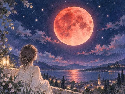 静かな夜空に浮かぶ赤い月