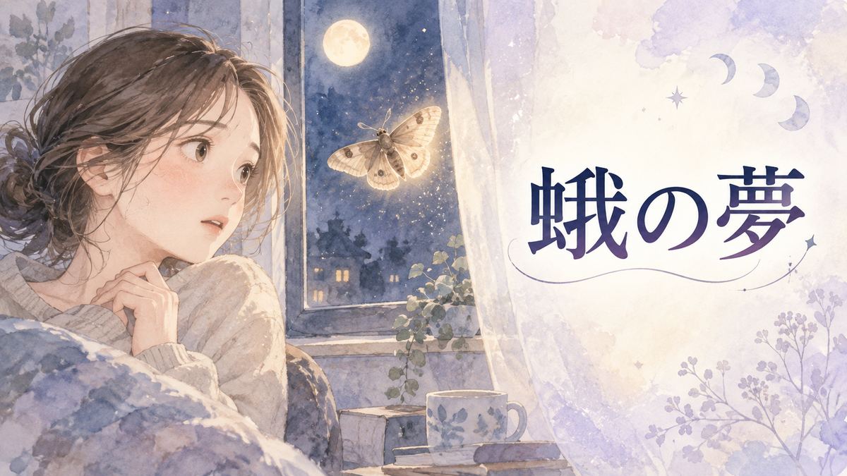 夜の窓辺で蛾を見つめる大人の女性