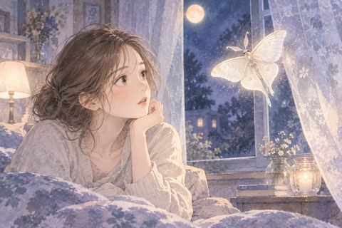 夜の部屋で白い蛾を見つめる女性