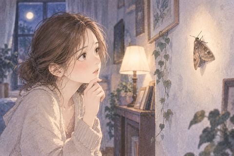 壁に止まる茶色い蛾を見る女性