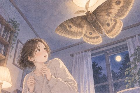 大きな蛾を見上げて戸惑う女性