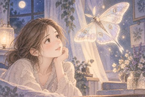 美しい羽の蛾に見入る女性