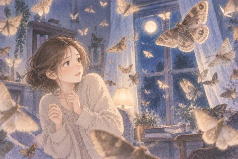 多くの蛾に囲まれて戸惑う女性