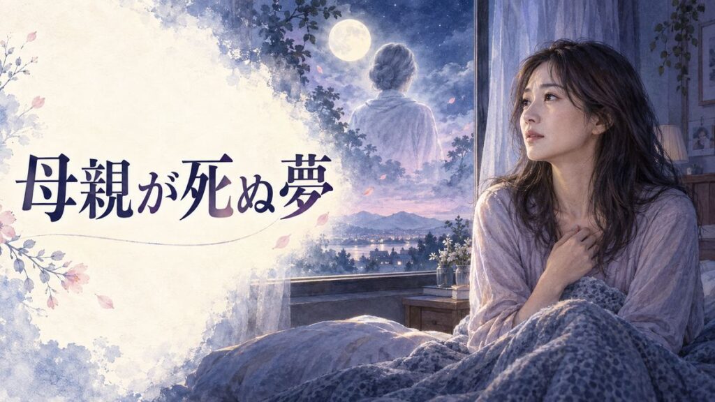 夜明け前の部屋で夢の余韻に包まれる大人の女性と遠くに浮かぶ母親の姿