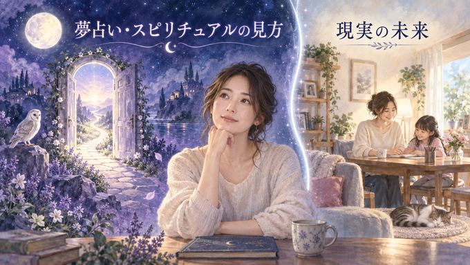 夢占いの象徴と現実の未来を別々に見つめる女性の図