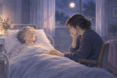 静かな病室で弱った母親のそばに座る女性の夢