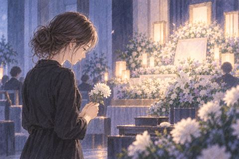 静かな葬式で白い花を見つめる女性の夢