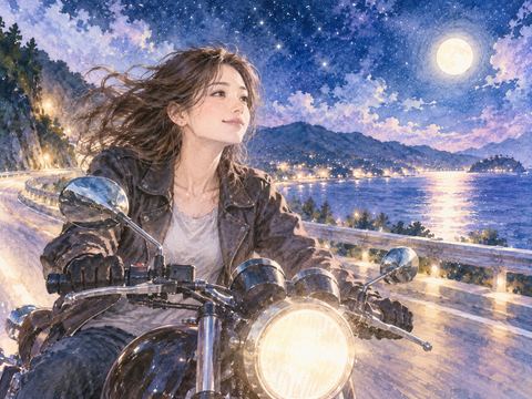 夜道を気持ちよさそうにバイクで走る女性