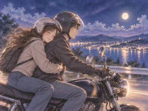 好きな人と穏やかにバイクで二人乗りする女性