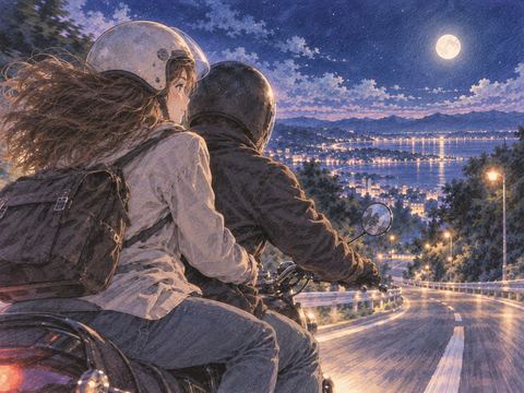 誰かが運転するバイクの後ろに乗る女性