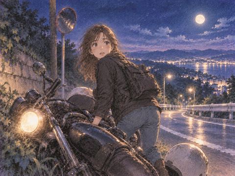 夜道でバイクを止め戸惑う女性