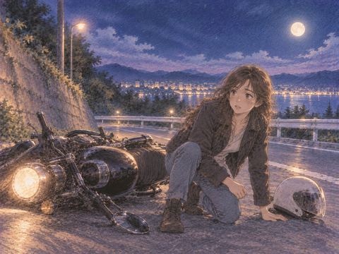 転倒したバイクのそばで立ち上がる人物