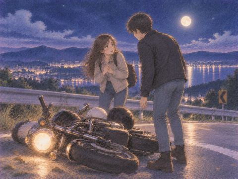 倒れた二人乗りバイクのそばにいる二人