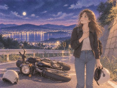 倒れたバイクのそばで無事を確かめる女性