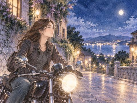 静かな夜道をゆっくりバイクで走る女性