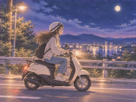 小さな原付バイクで夜の街を走る女性