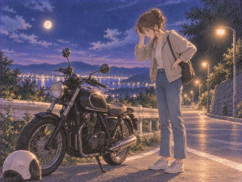 動かないバイクの横で困る女性