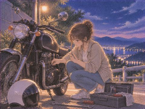 夜の灯りの下でバイクを修理する女性