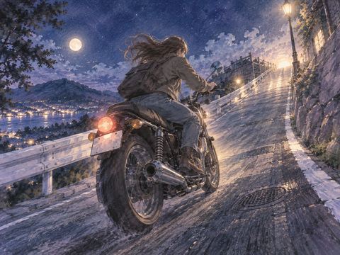急な坂道をバイクで上っていく人物