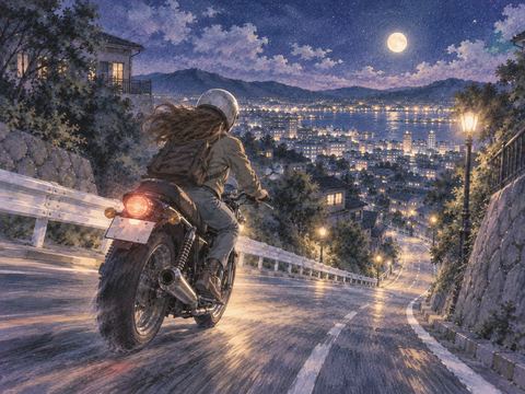 長い坂道をバイクで下る人物