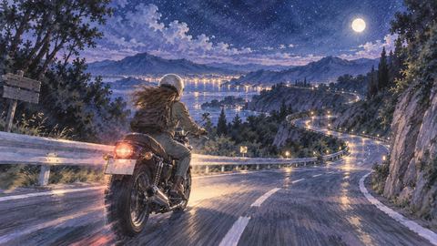 見知らぬ夜道をバイクで進む人物