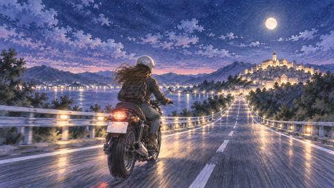 遠くの目的地へ向かって走るバイク
