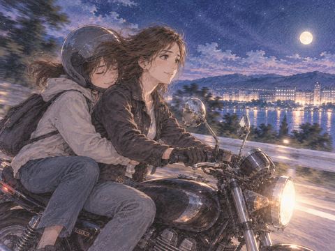 後ろに人を乗せてバイクを運転する女性