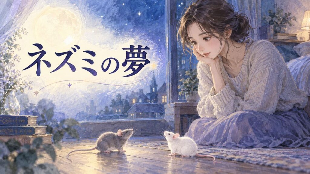 月明かりの部屋でネズミを見つめる大人の女性