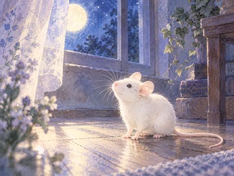 月明かりの床にいる白いネズミ