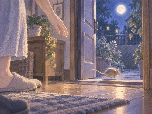 開いた扉から外へ出ていくネズミ