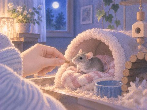 小さな寝床でくつろぐ飼われたネズミ