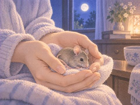 小さなネズミを両手で守る場面