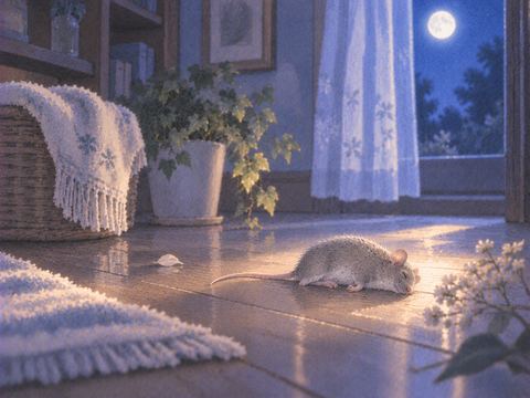 静かな夜の床に横たわるネズミの象徴的な場面