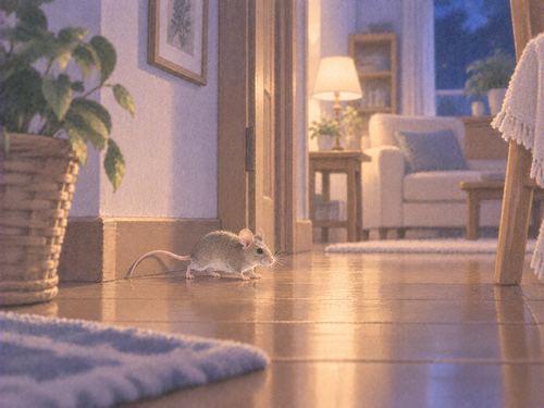 夜の家の廊下に現れたネズミ