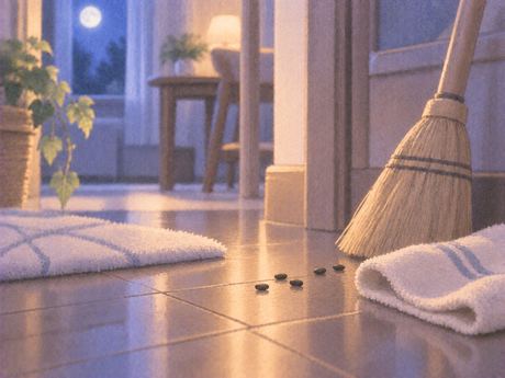 床に残った小さなネズミのフンと掃除道具