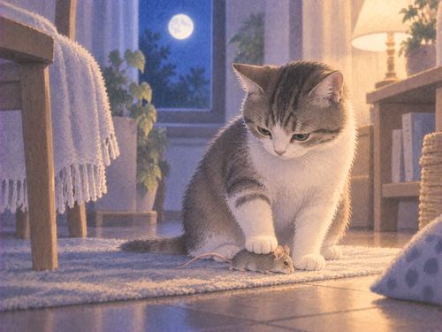 猫がネズミを捕らえた直後の象徴的な夜の場面