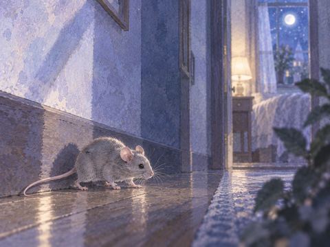 薄暗い廊下を歩く灰色のネズミ