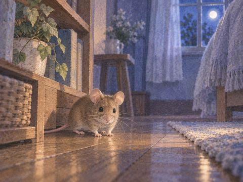 淡い月明かりの中にいる黒いネズミ