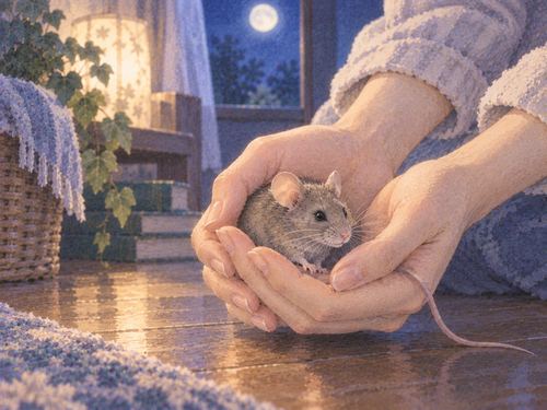 両手でそっとネズミを捕まえる場面