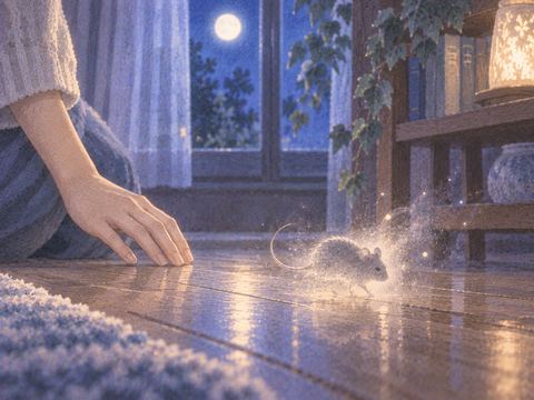消えていくネズミの影を見つめる夜の場面