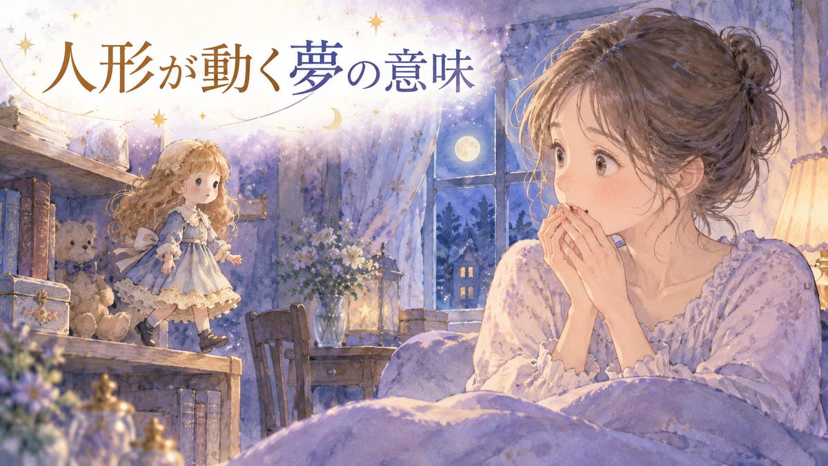 夜の部屋で動き出した人形を見つめる大人の女性