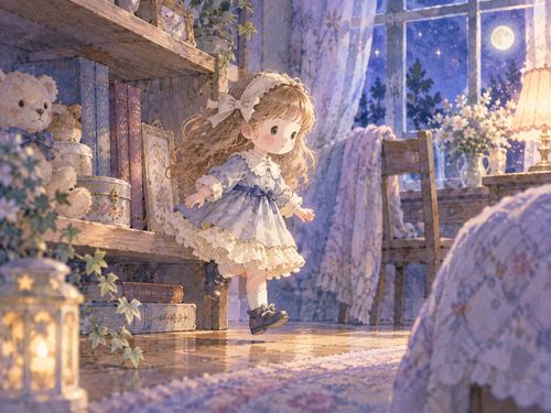 夜の棚からひとりでに歩き出す人形