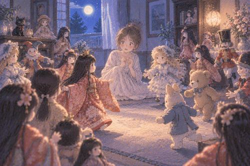 夜の部屋で一斉に動き始める多くの人形