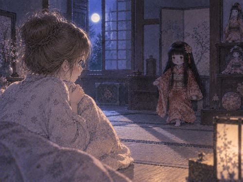 夜の部屋で静かに動く古びた人形