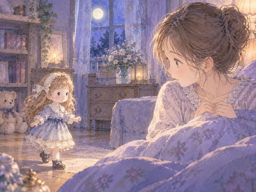 夜の部屋で女性へゆっくり近づく人形