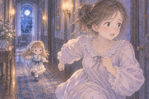 夜の廊下で人形から離れようとする女性