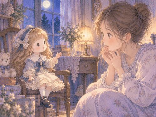 夜の部屋で女性に話しかけるような人形