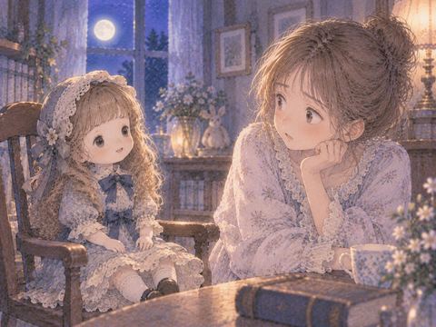 微笑む人形を違和感のある表情で見る女性
